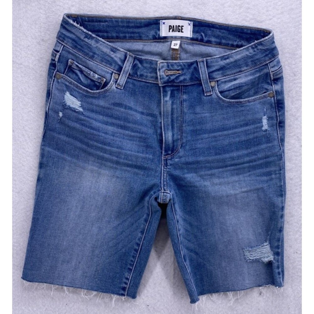 PAIGE Women’s Jax Knee Shorts Size 27 Distressed Denim Blue Cutoff Jean Shorts